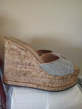 Shultz Wedge Platform Slide Sandals with Rhinestone Upper - Silver/Beige